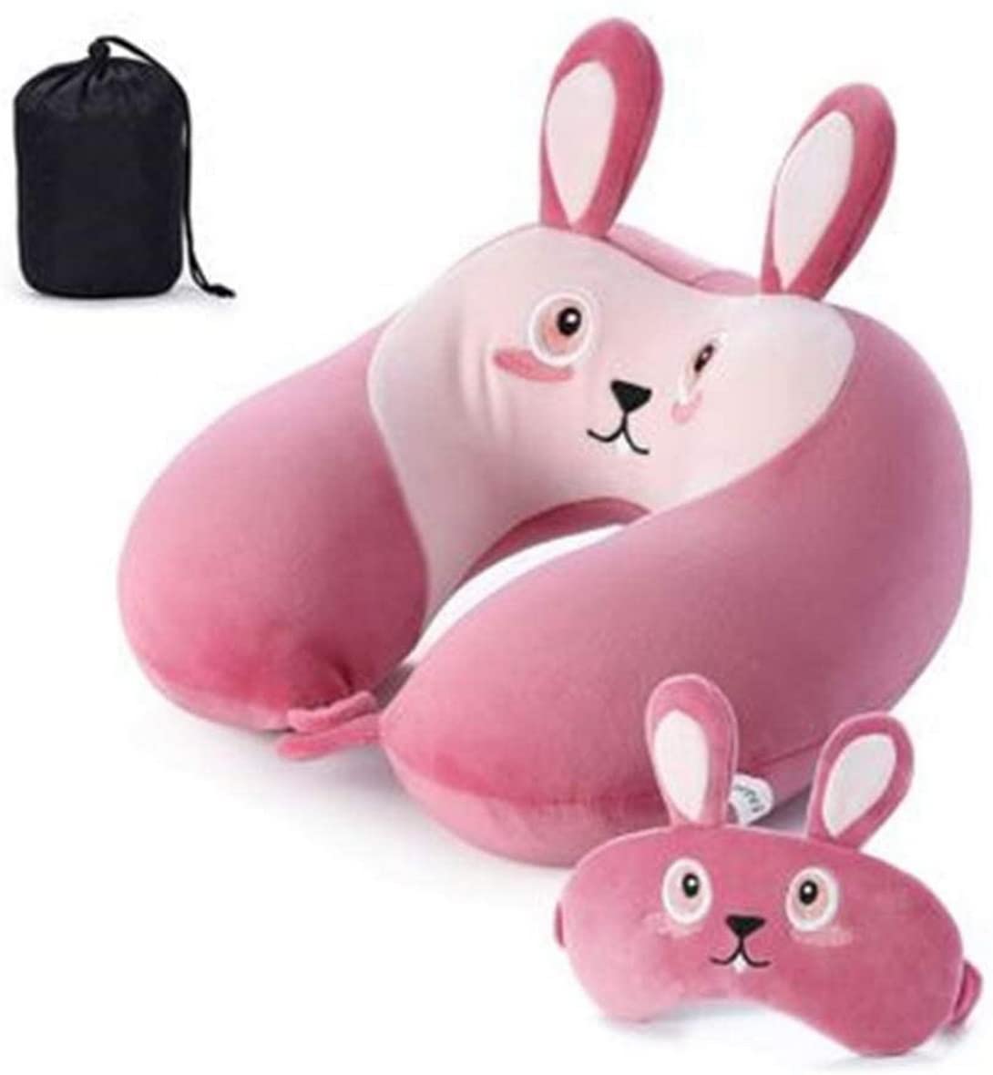 AOOPOO Memory Foam Travel Pillow Kids Neck Pillow Cute Animal Shape Neck Pillow Headrest Baby Travel Sleeping Pillow with Eye Cover Storage Bag for Home, Office, Camping, Travelling, Sleeping (Rabbit)