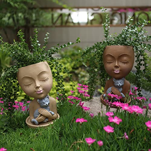 Dolkgy Head Planter Face Pots For Plants, Cute Plant Pots Unique Women Face Vase With Cat For Indoor Outdoor Plants, Resin Head Flower Pots Novelty Face Vase With Drainage Hole Tray, Diy Gifts Idea #TOP6