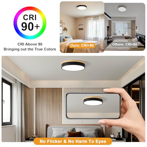 Image of Dimmable LED Wood Black Round Flush Mount Ceiling Light 11.81 Inch