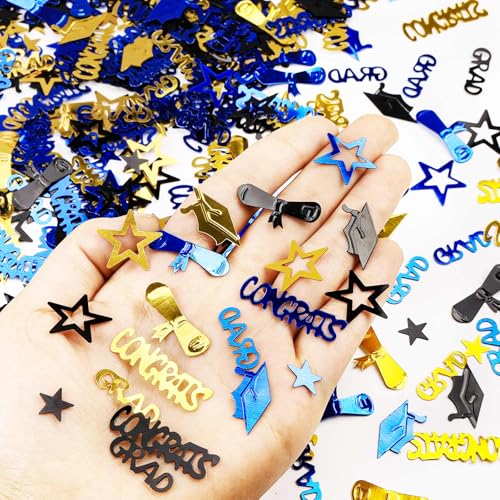 Image of Blue Gold and Black Graduation Confetti 2026, 1000 Pcs Congrats Grad Confetti Class of 2026 Party Table Centerpiece for 2026 Graduation Party Decorations