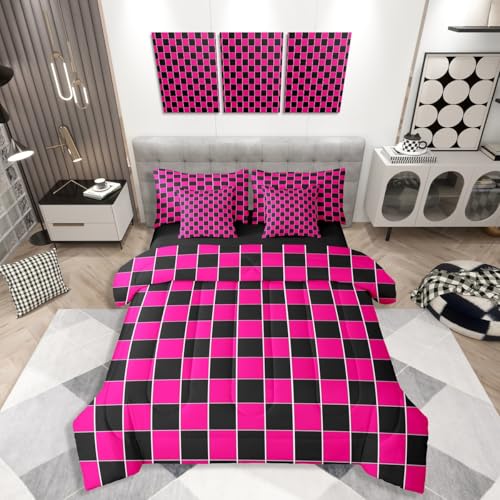 Image of Erosebridal 7 Pcs Hot Pink Black Grids Comforter Set Twin Geometric Checkered Bed in A Bag with Sheets for Kids Girls Teen Women Bedroom Decor,Aesthetics Plaid Bedding Soft Lightweight Bed Set
