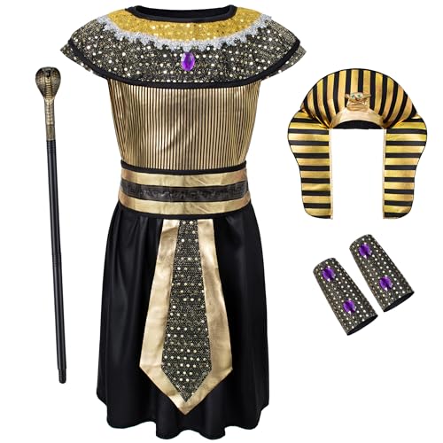 Egypt Pharaoh Costume for Kids Boys Ancient Egyptian King Outfit Kit Halloween Role-Play 4-6 Years Gold