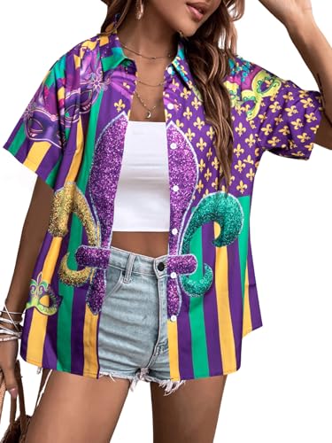 Chemise Fat Tuesday respirante : t-shirt boutonné violet avec masque de carnaval