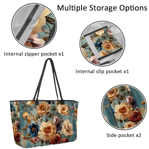 Large Beach Bag for Women, Retro Paper Flower Travel Tote with Pockets Waterproof Shoulder Handbag2