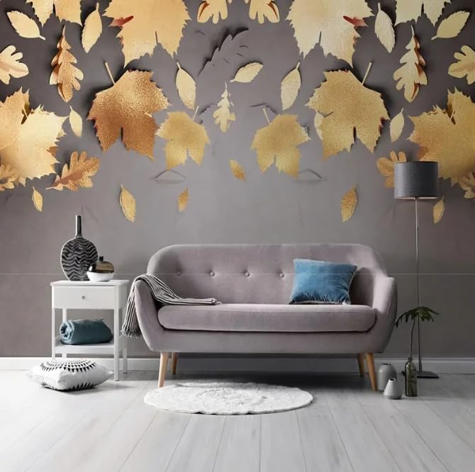 Papier peint 3D feuilles d'or pour illuminer le salon au-dessus du canapé