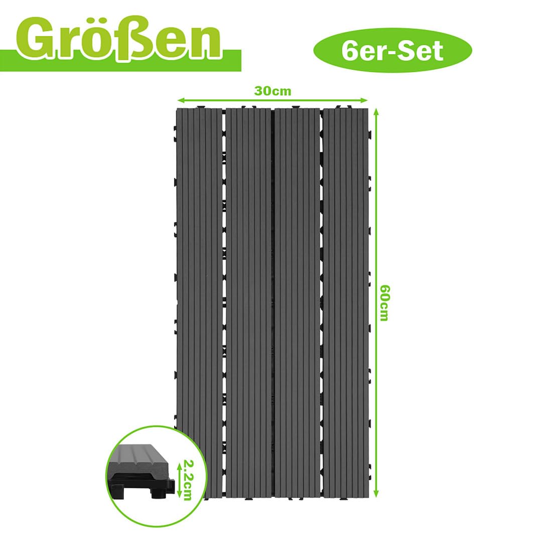 Gimisgu Dalles de Jardin clipsables en Bois Composite WPC, 30x60cm 24 Pièces par 4m² Dalle Jardin extérieur avec Système de Drainage, Système plug-in Facile à poser, Anthracite