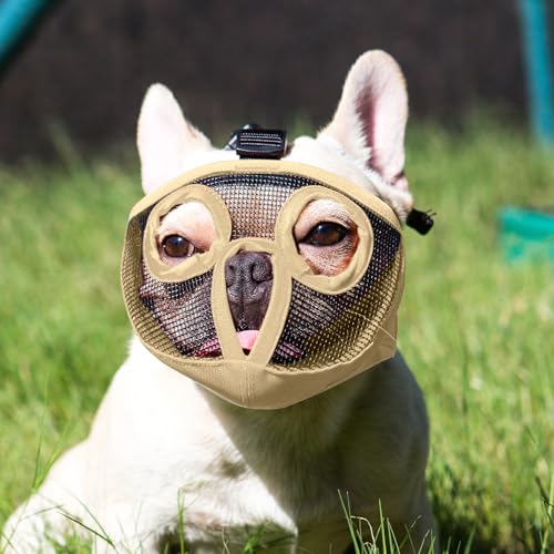 Image of Short Snout Dog Muzzles- Adjustable Breathable Mesh Bulldog Muzzle for Biting Chewing Licking Training Grooming Dog Mask (Khaki, X-Large / 18 inch-25 inch)