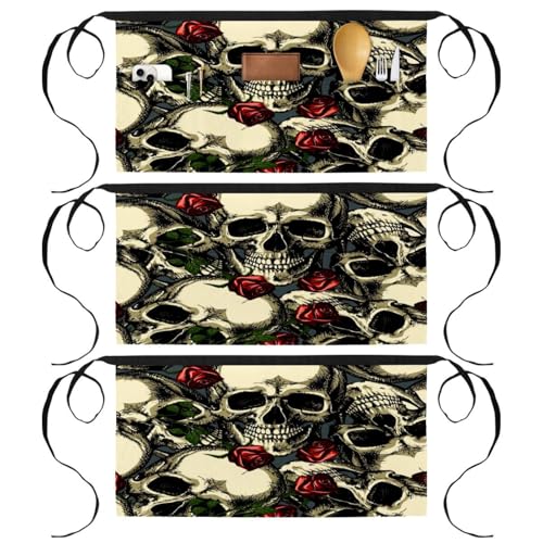 Tablier court de chef imprimé crânes et roses avec 3 poches lot de 3