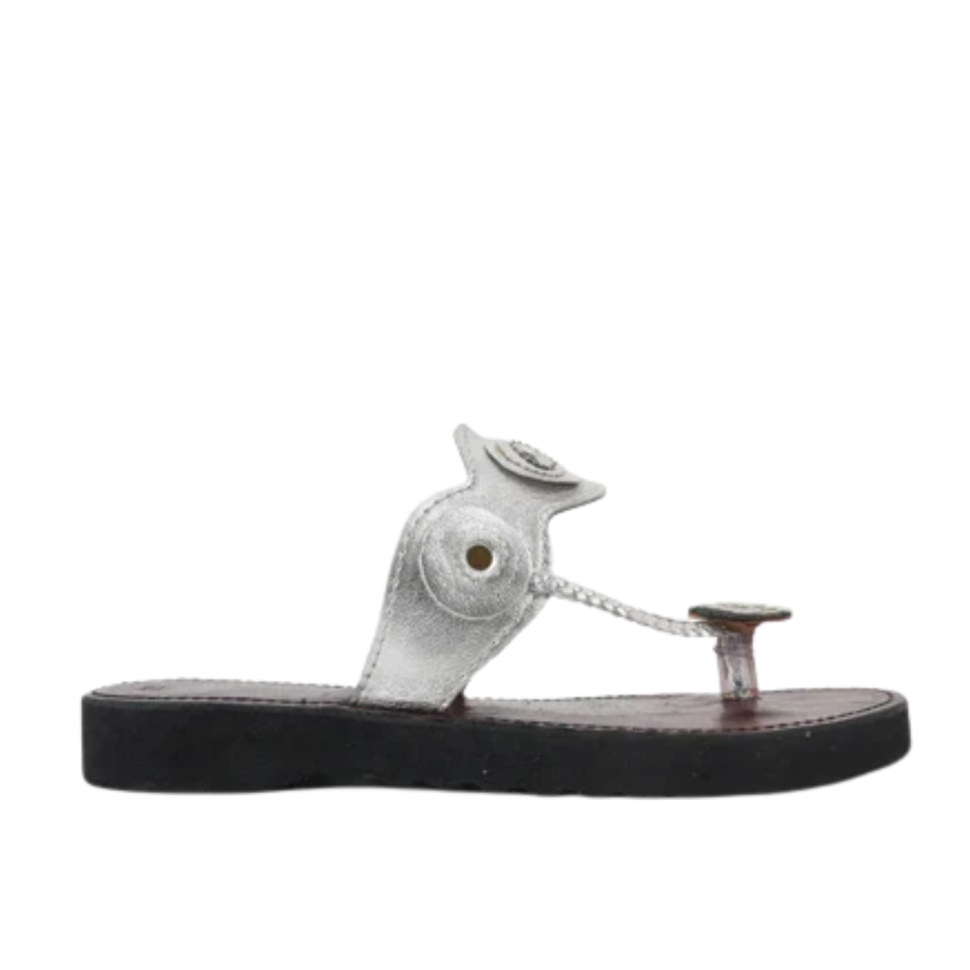 Silver Tikli Kolhapuri Sandals for Women, Open Toe Flat Ethnic Footwear with Slip On Design and Textured Upper-image-3