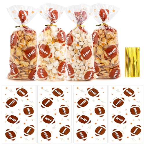 Slergut Bolsas de celofán de fútbol, 100 unidades, bolsas de caramelos, bolsa de regalo de fútbol con lazos para suministros de fiesta temática de fútbol