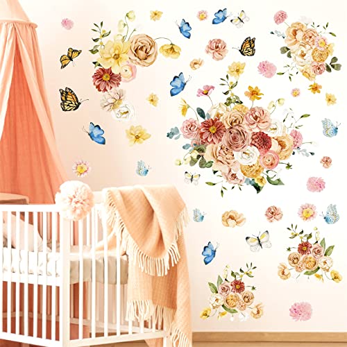 Vintage Flower Wall Stickers Large Peony Flower Wall Decals Retro Floral Flower Wall Stickers Flower Butterfly Wall Decals Peony Flower Wall Decals For Girls Bedrom Nursery Decor #TOP1