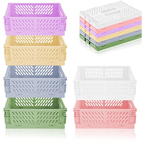 Lighterday 6 pcs Mini Foldable Desk Crates Storage Box, Plastic Stackable Table Basket Organizer, Pastel Colour Storage Decor for Bedroom Office Bathroom Toiletries Cosmetics (6 colours large)