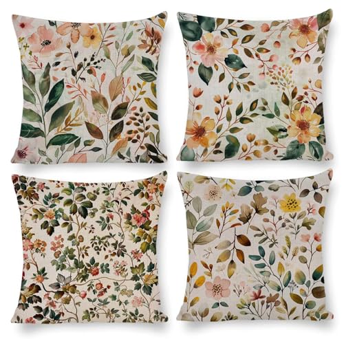 クッションカバー 4枚セット 40x40cm 正方形 おしゃれ かわいい 北欧 隠しファスナー ビロード ソファ背当て 装飾枕カバー 座布団カバー 家庭装飾 車 椅子 飾り 四季通用 インテリア 女性 祝日のプレゼント (植物の花) q-778