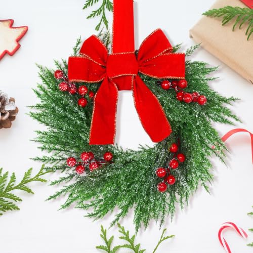 Image of YoleShy 8 Pcs Small Christmas Wreath 12 inch Mini Wreaths for Cabinets, Small Wreath with Berry & Red Velvet Bow Ribbon, Window Wreaths Christmas Cabinet Wreaths for Kitchen Front Door Chair Wall
