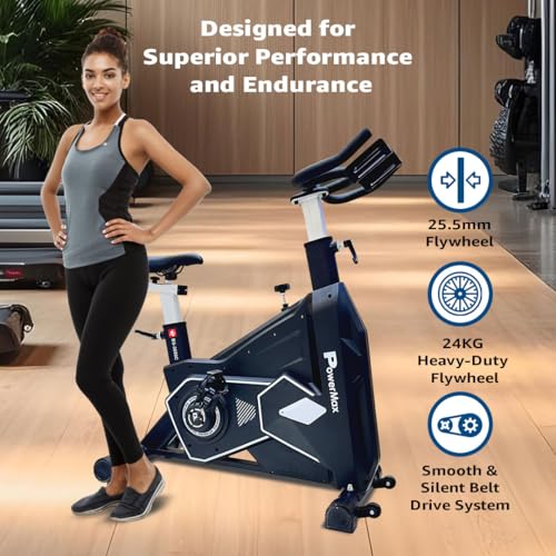 Image of PowerMax Fitness BS-3600C Commercial Spin Exercise Bike, 24 Kg fly wheel, Max user 180kg, Belt drive, Manual braking, 2pc Crank, Adjustable pedal and seat, Leather Cushion seat, Stride Length 400mm