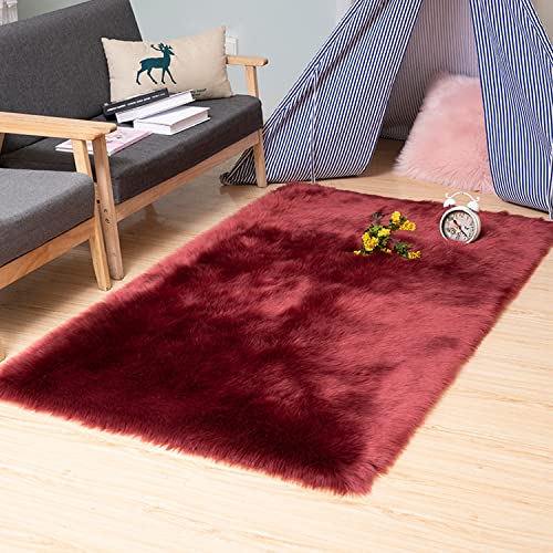 Faux Fur Sheepskin Area Rug, Baby Bedroom Rugs Fluffy Rug Home Decorative Shaggy Rectangle Carpet, 2x3 Feet, Burgundy