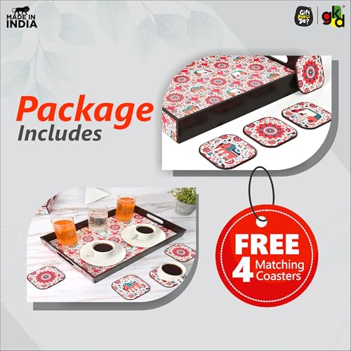 Image of GKD Wooden Serving Tray with Vibrant India Design | Set of 5 (1 Tray + 4 Coasters) | Premium MDF | Rectangular Decorative Tea Coffee Serving Tray | Multicolor Large | Made in India (Vibrant India)
