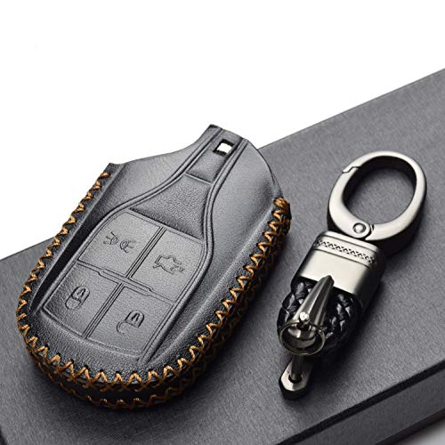 Image of Vitodeco Genuine Leather Smart Key Fob Case Cover Protector with Key Chain Clip - Compatible for Maserati Ghibli, Levante, Quattroporte - Light Button, Black