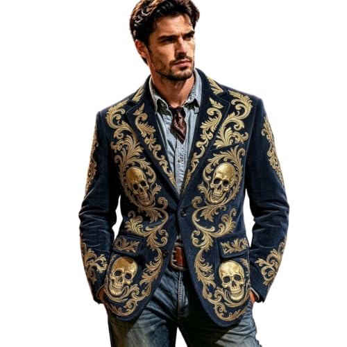 Men Halloween Corduroy Blazer Jacket Gothic Skull Floral Pattern Outwear - image 1