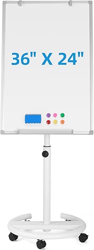 Pizarra blanca móvil de 36 x 24 pulgadas, pizarra magnética de borrado en seco, caballete portátil con ruedas para oficina, aula, hogar, color blanco