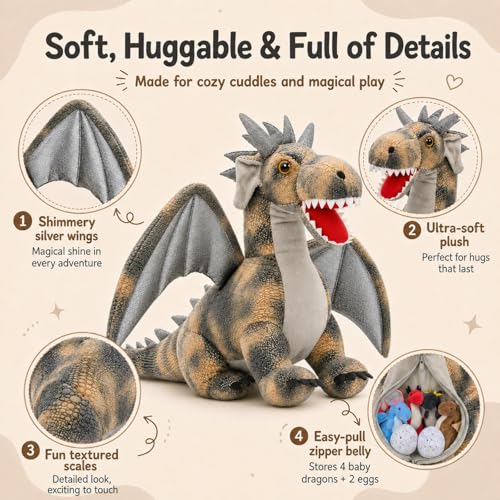 Image of Dragon Plush with 4 Babies, 21.7 inch Dinosaur Stuffed Animal, Gray