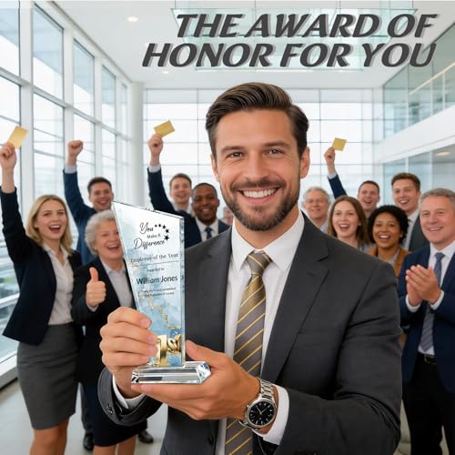 Image of Custom Crystal Trophy Award Personalized Plaque Award with Text Logo Photo Awards Trophies for Employee Recognition Team Graduation Personalized Office Gifts for Boss Coworker Teacher