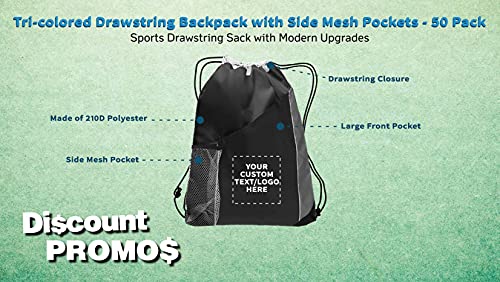 DISCOUNT PROMOS 50 Side Mesh Pockets Drawstring Backpacks Set - Customizable Text, Logo - Tri Color, Front Pocket, Side Mesh - Black3