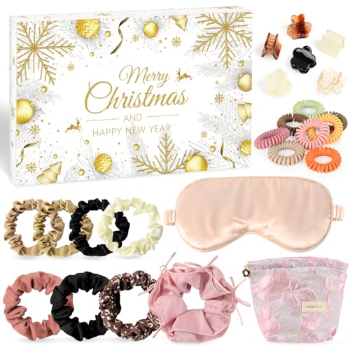 Calendario Adviento Belleza 2025, Calendario Adviento Navidad Mujeres, 24 Accesorios Sorpresa Cabello con Lazos Cabello, Bolsa Maquillaje y Pinzas Cabello, Regalo Cuidado Cabello,Cinta para el pelo