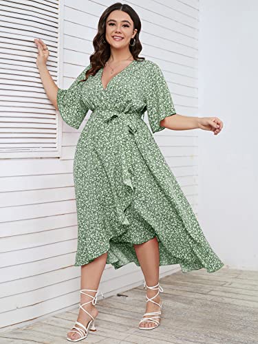 Image of SCOMCHIC Women Plus Size Maxi Dress Short Sleeve Wrap V Neck High Low Split Ruffle Long Dress