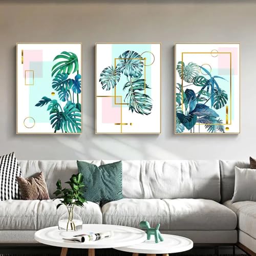 WBYZAC Conjunto de 3 Cuadros Abstractos de Hojas Verdes y Plantas Arte de Pared Nórdico Carteles e Impresiones para Sala de Estar Oficina Decoración del Hogar 40 * 60Cm (Impresión Sin Marco)