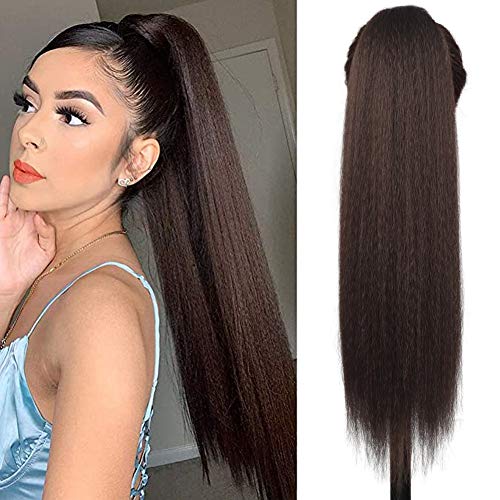 24inch Magic Paste Ponytail Extension Straight Long,Long Kinky Srtaight Ponytail Extension for Black Women, Dark Brown Yaki Ponytail Extension Synthetic Wrap Around Ponytail(4#)