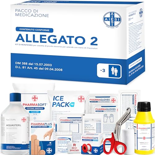 CONTENUTO: 2 Paia di guanti sterili - 1 Flacone di soluzione di iodopovidone al 10% da 125 ml - 1 Flacone di soluzione fisiologica da 250 ml - 3 Compresse di garza sterile 10x10 cm - 1 Compressa di garza sterile 18x40 cm - 1 Pinzetta sterile - 1 Confezione di cotone idrofilo da 50 g - 1 Confezione di cerotti assortiti da 20 pz