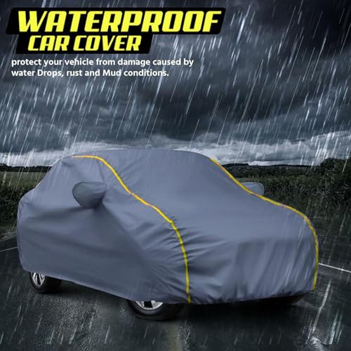 Image of Waterproof Car Body Cover for Crusier Hyryder All Weather Protection Comes with Inner Cotton Lining & Triple Stitched with Mirror & Antenna Pocket Belt & Elastic Fit Grey with Yellow Piping2