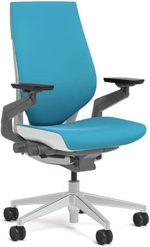 Steelcase Silla de trabajo gestual: respaldo envuelto - marco metálico platinado/base/acento de gaviota - soporte lumbar ajustable - ruedas de suelo