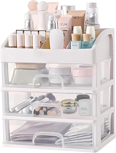 Organizador de maquillaje, organizador de cosméticos con 3 cajones grandes, vitrinas de cosméticos (blanco)