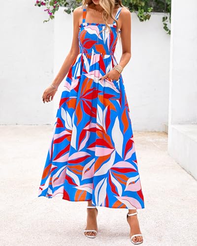PRETTYGARDEN Womens Summer Dresses 2026 Casual Spaghetti Strap Ruffle Smocked Flowy Floral Spring Maxi Dress with Pocket(Floral Blue Multicolored,Small) — view 3
