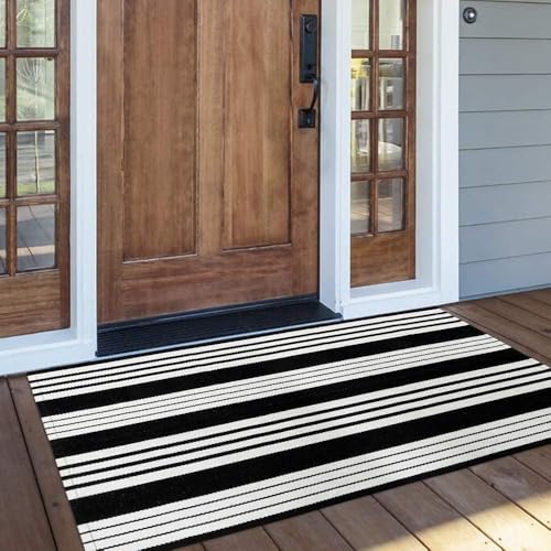 OJIA Cotton Black and White Striped Rug 27.5'' x 43''Hand-Woven Indoor/Outdoor Small Area Rug Layered Door Mats for Front Porch/Entryway/Laundry Room/Bedroom