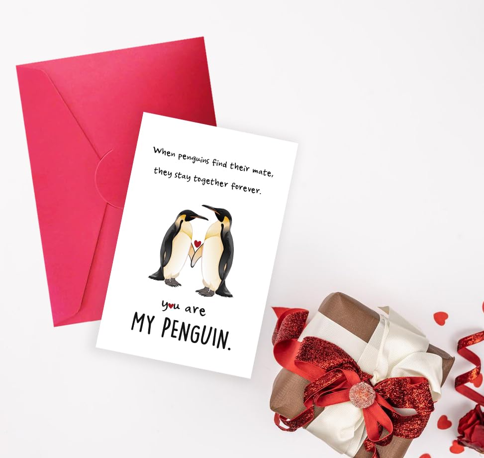 FLYAB Pinguin Valentinstagskarte – 10,2x15,2 Cm, Mit Umschlag, Für Ihn & Sie, Romantisch & Niedlich