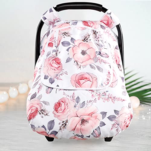 Image of Car Seat Covers for Babies, Winter Carseat Cover Girls, Mink Infant Car Seat Canopy, Cozy & Warm Cover, Pink Floral