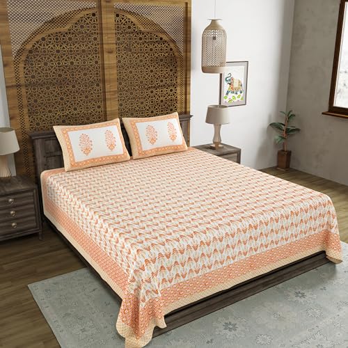 Image of BLOCKS OF INDIA Hand Block Printed 200 TC Cotton King Size Bedsheet (Orange Leaf)