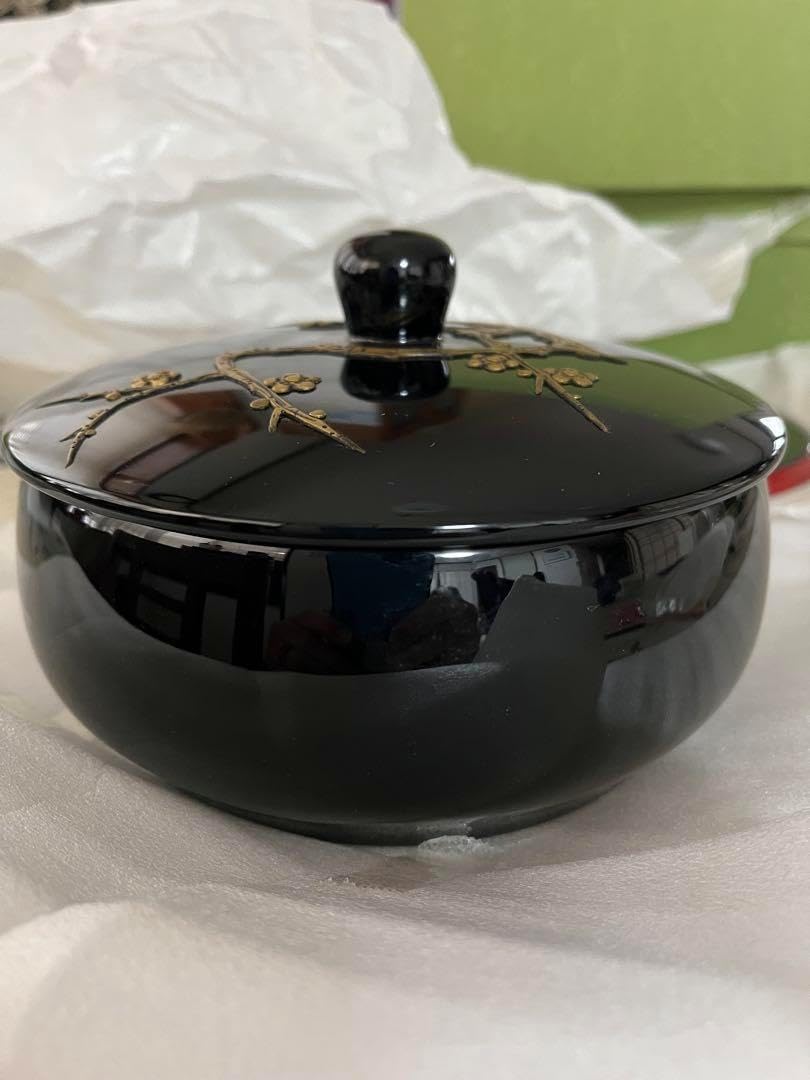 琉球漆器 菓子器 五寸半 大きめ 蓋付 金梅 天然木 天然漆 梯梧材 折敷