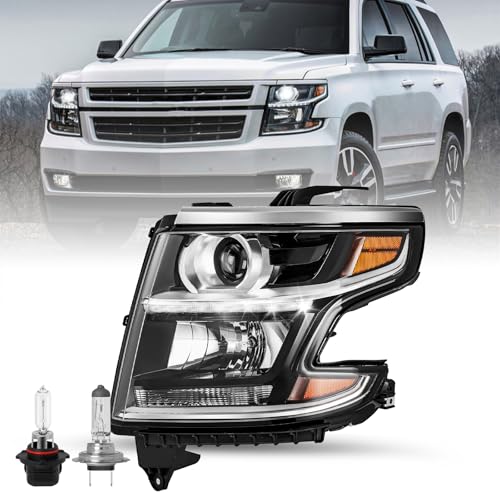 SOCKIR LED DRL Projector Headlight Assembly w/Bulbs Compatible with 2015-2020 Chevy Tahoe/Suburban Halogen Headlamp NOT Fit for Factory HID Headlamp Left Driver Side