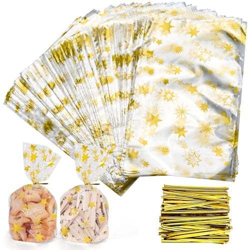 F Faburo 100PCS Ground Bag Christmas Gold Stars 120 x 180 mm Christmas Bag Biscuit Bag Pastry Bag with 100pcs Gold Cable Ties