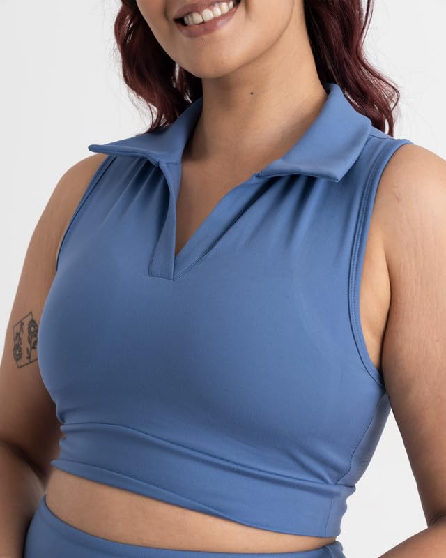 Image of HUNNIT 2 in 1 Sports Bra Crop Top - women's Polo Neck and Racerback styles with Medium Coverage, Lightly Padded, Stretchy Sports Bra perfect for Gym Workout and Sweat Wicking Fabric