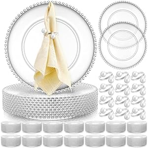 Tioncy 50 Set Clear Charger Plates Bulk 50 Clear Beaded Plastic Charger Plates 13 Inch, 50 Napkin Rings, Acrylic Round Dinner Charger Table Decorative Plate for Party Wedding Event Tabletop(Silver)