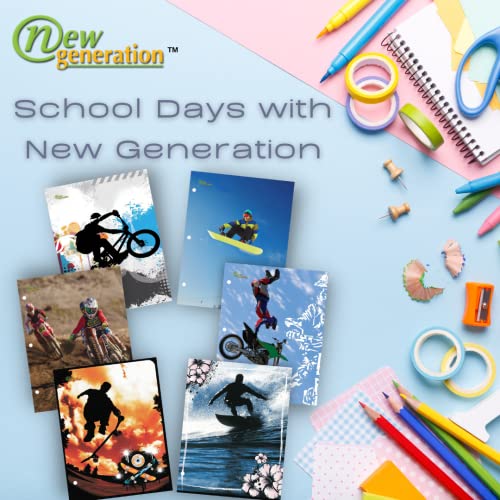 New Generation - Extreme Sport 2 Pocket Folders , Fashion School Folders With Two Pockets And 3 Hole Punched , Heavy Duty And Glossy Laminated Finish ,6 Assorted Designs Size 12" X 9.25" (6 Pack ) #TOP3