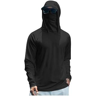 Men's UPF 50+ Sun Protection Hooded Shirt with Integrated Face Cover Long Sleeve Lightweight Rash Guard Shirts - Amazon product rated Grade B