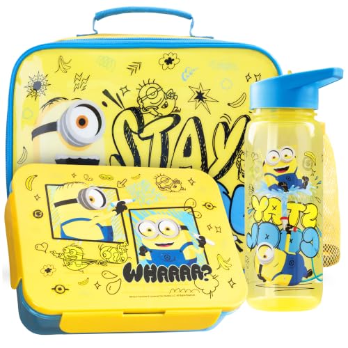 Get Trend Minions Set Porta Pranzo Bambini, 3 Pezzi Borsa Termica Porta Pranzo, Bento Box e Senza BPA Borraccia Bambini, Regalo Ragazzo (Giallo/Blu Minions)