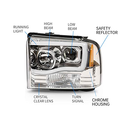 HECASA LED Projector Headlights Compatible with 2005-2007 Ford F250 F350 F450 F550 Super Duty Compatible with 2005 Ford Excursion LED Tube Bar Headlamps Replacement Clear Lens Chrome Housing by HECASA - Image 3