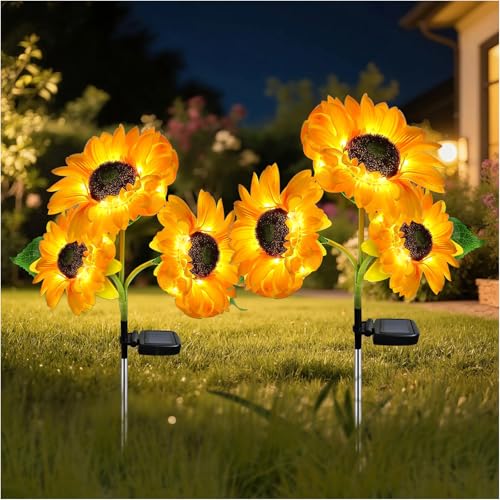 MMHF Outdoor Solar Garden Stake Lights,Upgraded LED Solar Powered Light with 3 Sunflower, Waterproof Solar Decorative Lights for Garden, Patio, Backyard (2 Pack 6 Flower)